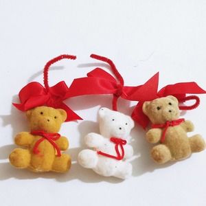 Vintage Flocked Teddy Bears Ornaments Set of 3 Christmas Decorations (z)